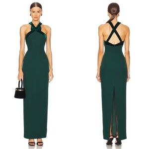 SAU LEE Eloise Velvet Bow Halterneck Emerald Green Maxi Dress Size 8